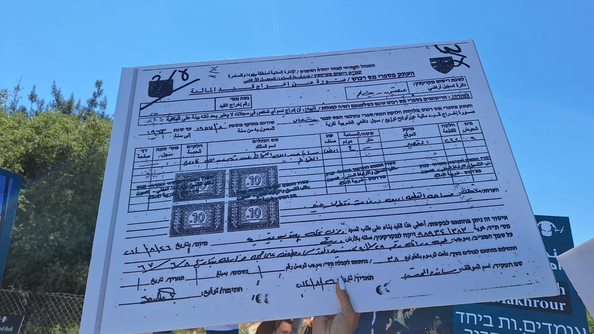A blown-up copy of the Kisiya family's land deed held up at a demonstration in Al-Makhrour